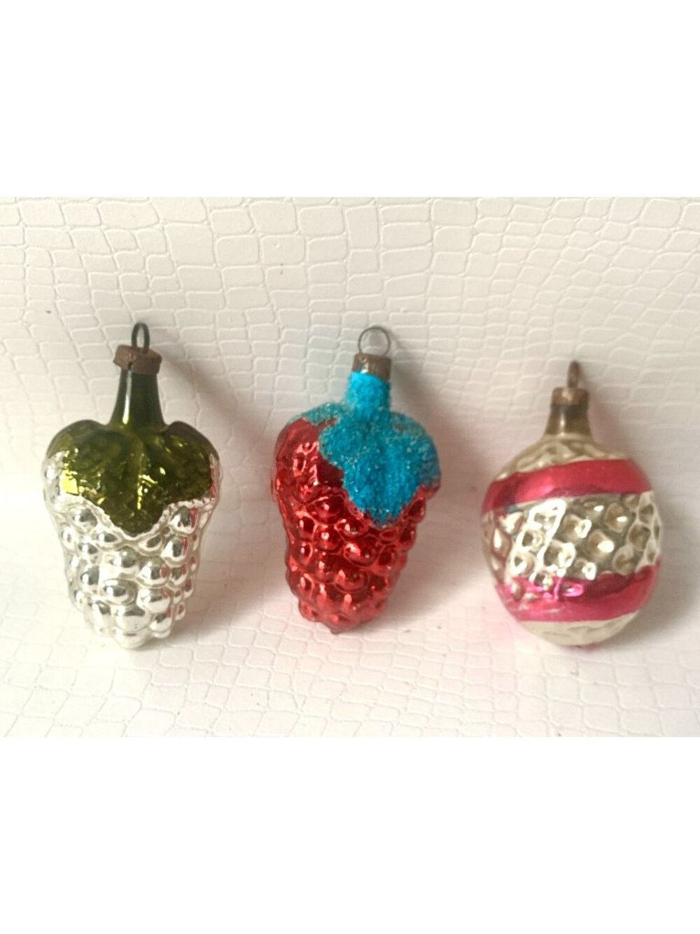 Vintage Mercury Glass Christmas Ornaments Hand Painted Grapes & Raspberry